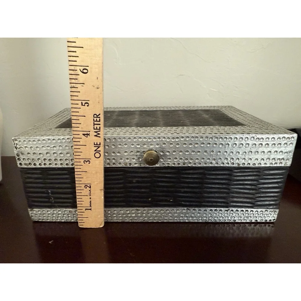 Vintage‎ MCM Wood jewelery box  with silver Metal Accent storage organizer